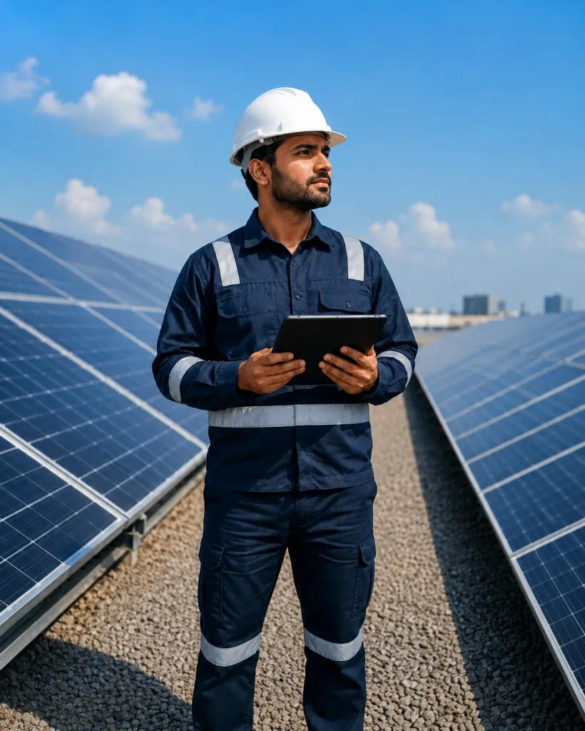 E&E Commercial Solar Engineer with Digital Tablet